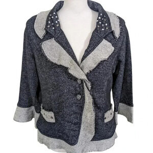 Bleu Bayou Unstructured Cotton Jacket Womens L Gray Rhinestones  Beaded Buttons